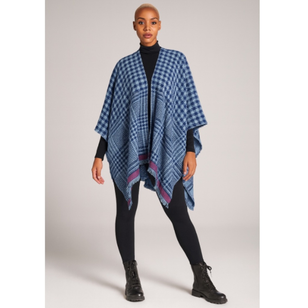 Blue Steve Madden Plaid Boho Granny Core Poncho Fringed Shawl ONE SIZE FITS MOST